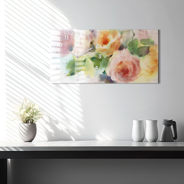 Glass wall clock rectangular Roses In A Vase Watercolor