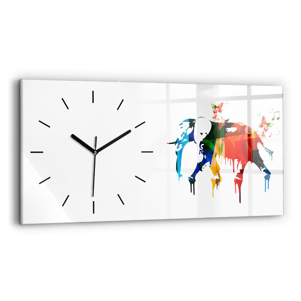 Glass wall clock rectangular Colorful painted elephant