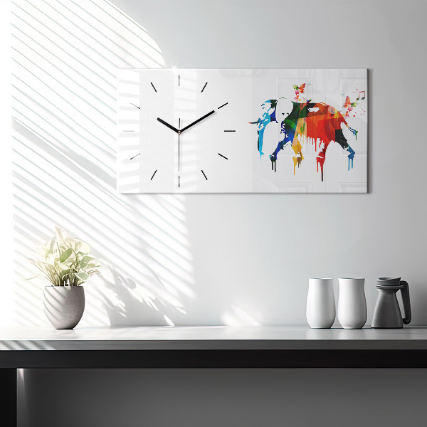 Glass wall clock rectangular Colorful painted elephant