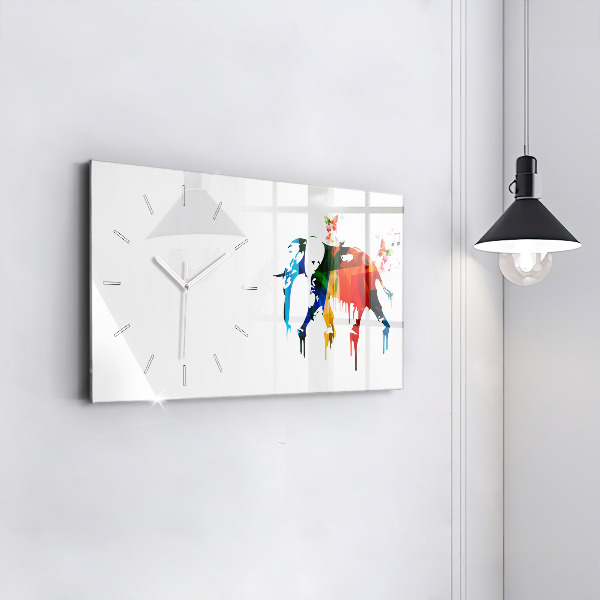 Glass wall clock rectangular Colorful painted elephant