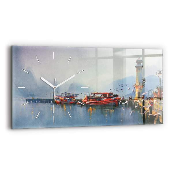 Glass wall clock rectangular Fishing boat in port