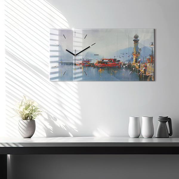 Glass wall clock rectangular Fishing boat in port