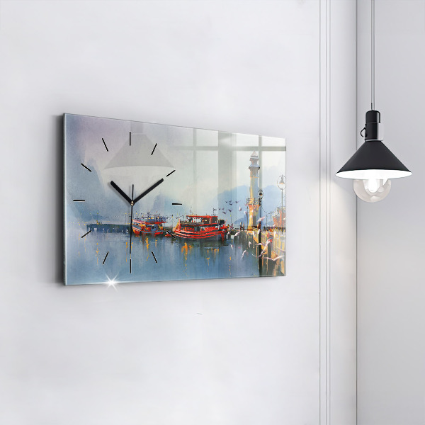 Glass wall clock rectangular Fishing boat in port