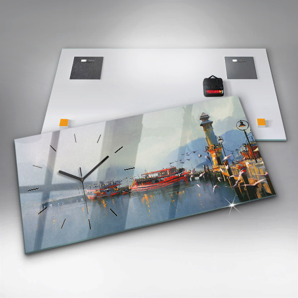 Glass wall clock rectangular Fishing boat in port