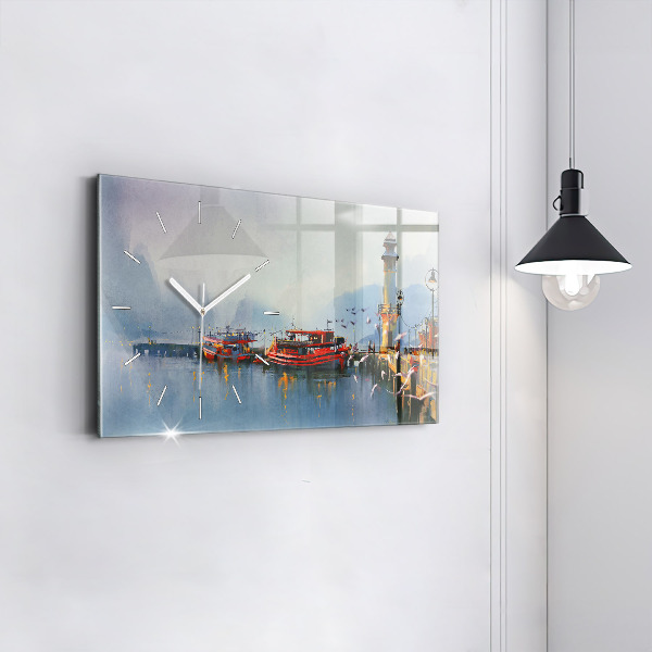 Glass wall clock rectangular Fishing boat in port