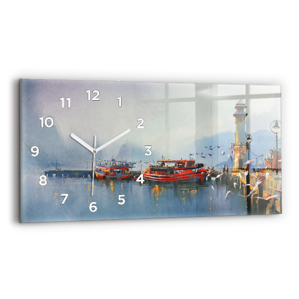 Glass wall clock rectangular Fishing boat in port
