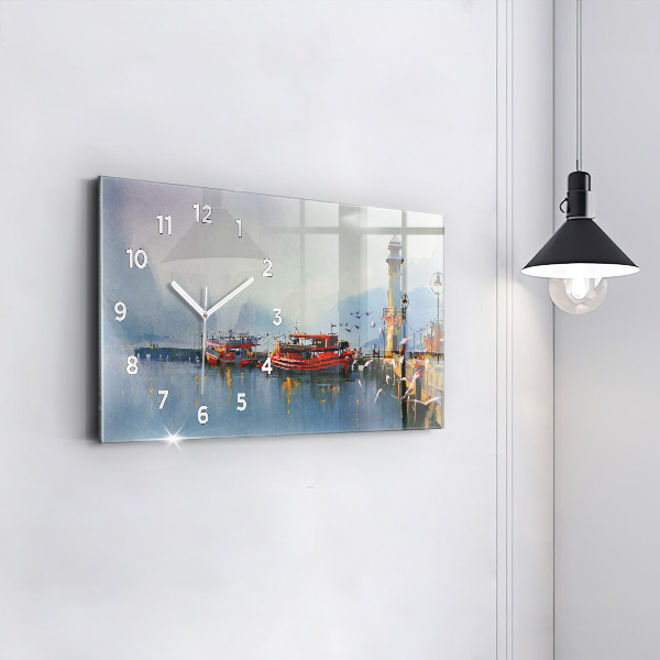 Glass wall clock rectangular Fishing boat in port