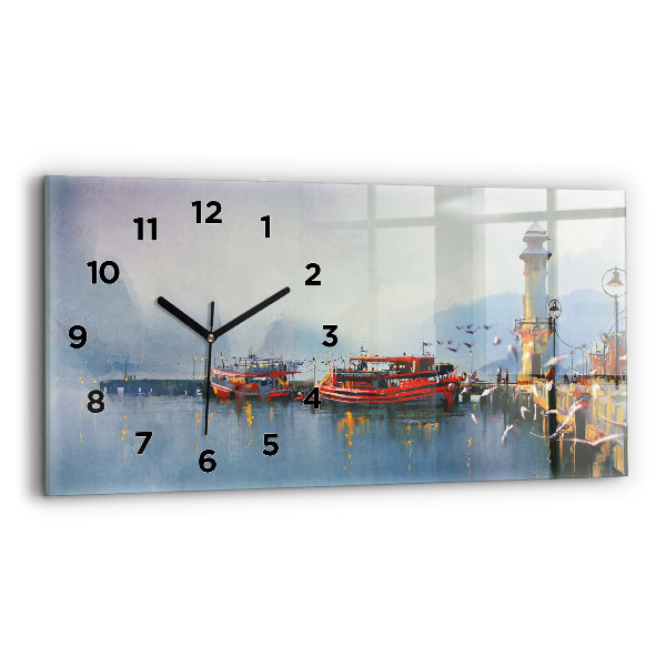Glass wall clock rectangular Fishing boat in port