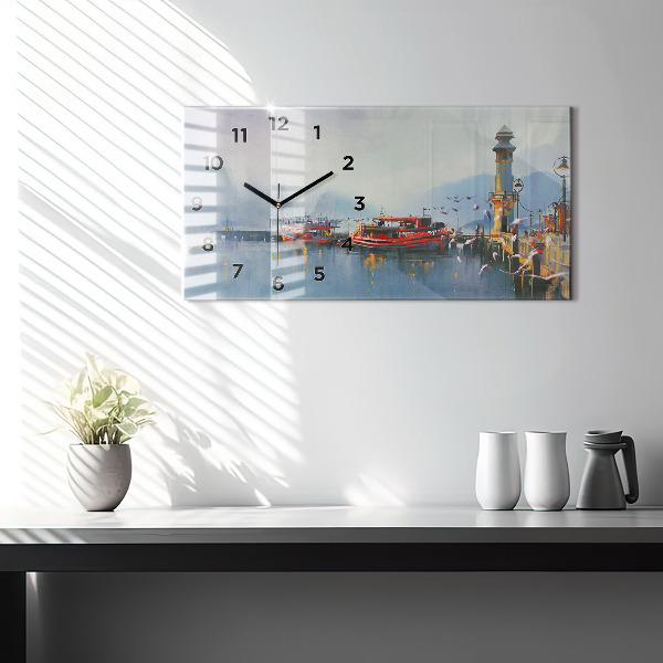 Glass wall clock rectangular Fishing boat in port