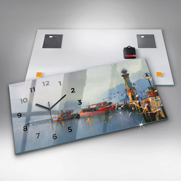 Glass wall clock rectangular Fishing boat in port