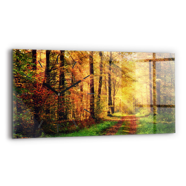 Glass wall clock rectangular Autumn forest scenery