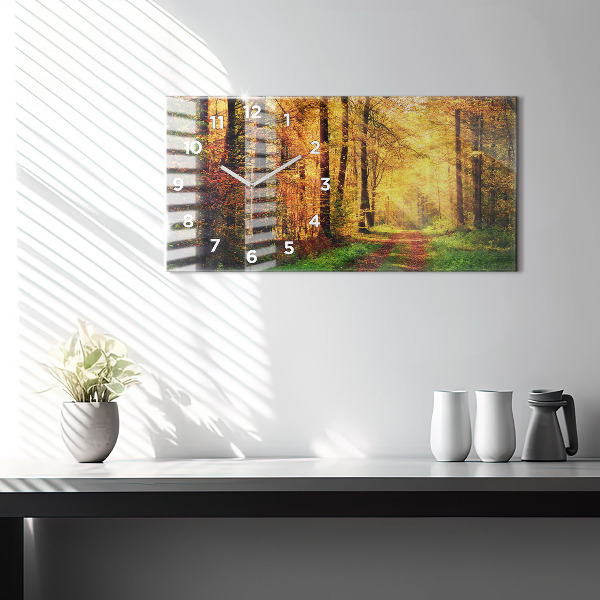 Glass wall clock rectangular Autumn forest scenery