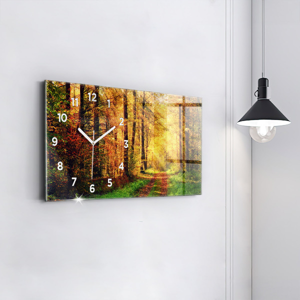 Glass wall clock rectangular Autumn forest scenery