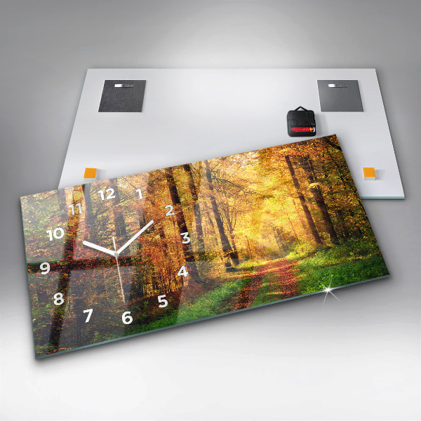 Glass wall clock rectangular Autumn forest scenery