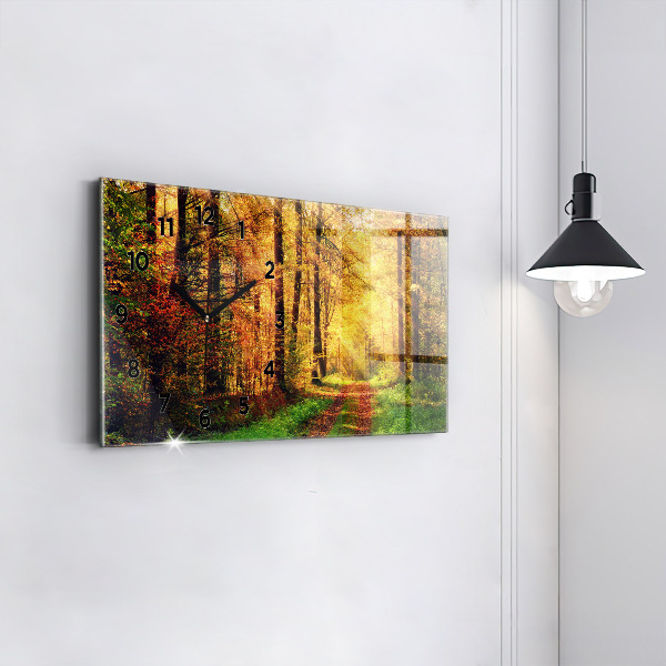 Glass wall clock rectangular Autumn forest scenery