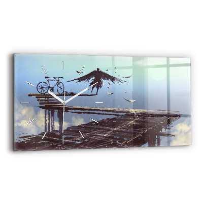 Glass wall clock rectangular Angel Bike