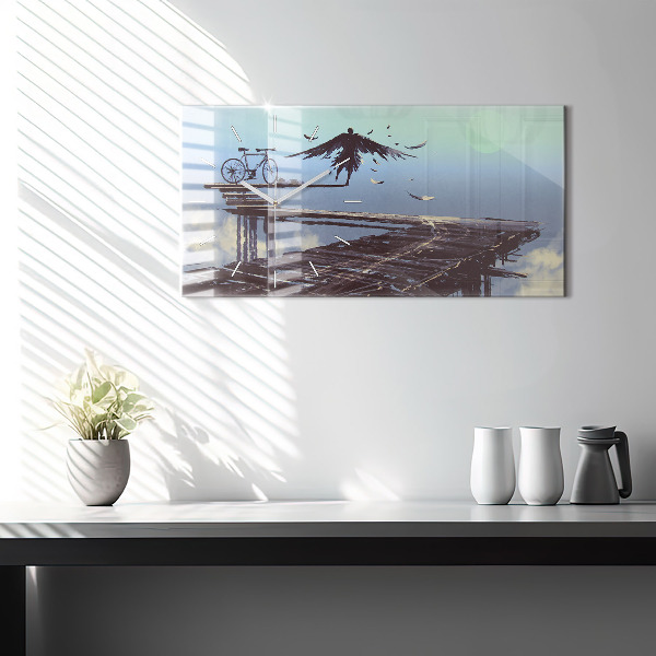 Glass wall clock rectangular Angel Bike