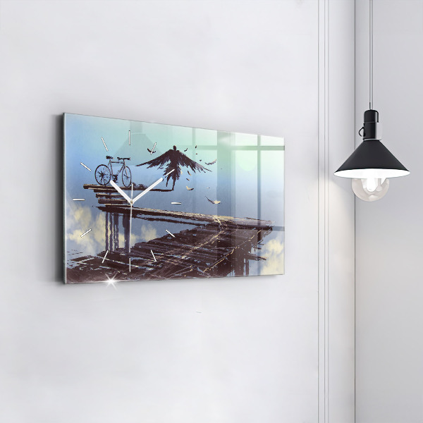 Glass wall clock rectangular Angel Bike