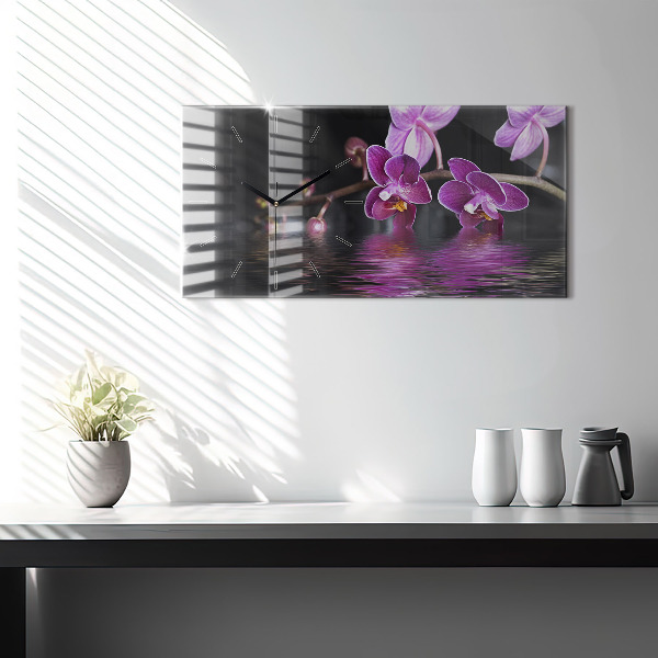 Glass wall clock rectangular Orchid flower on the water