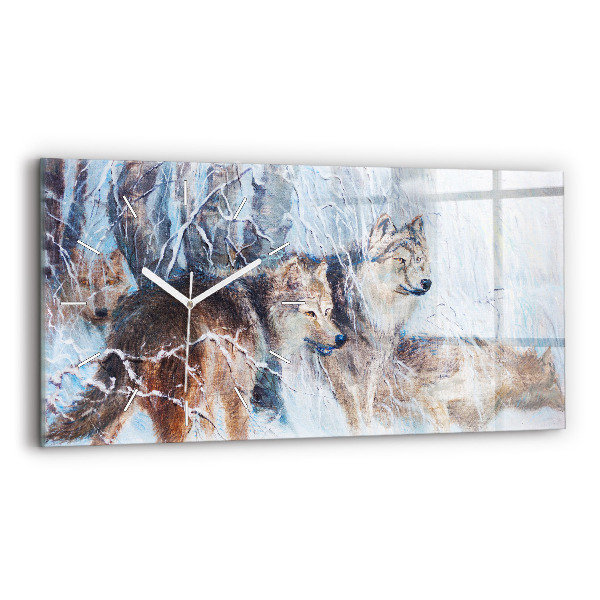 Glass wall clock rectangular Wolves in the forest