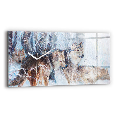 Glass wall clock rectangular Wolves in the forest