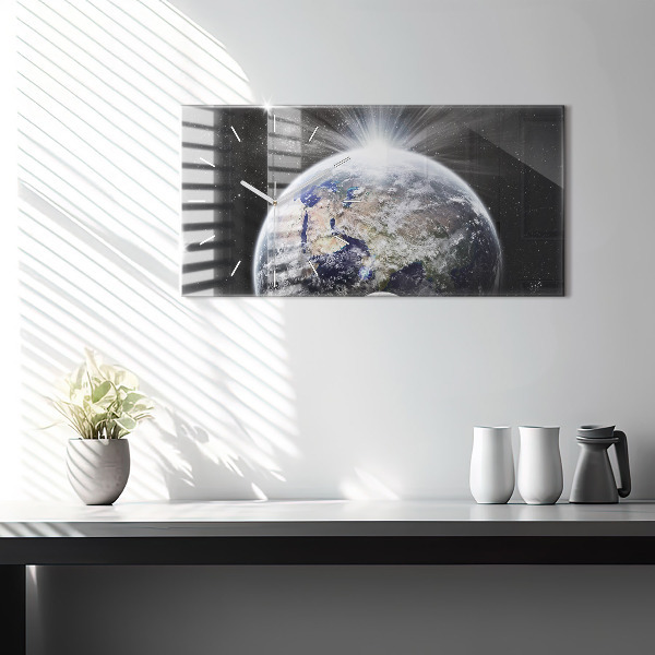 Glass wall clock rectangular Earth Moon Sun