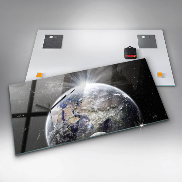 Glass wall clock rectangular Earth Moon Sun