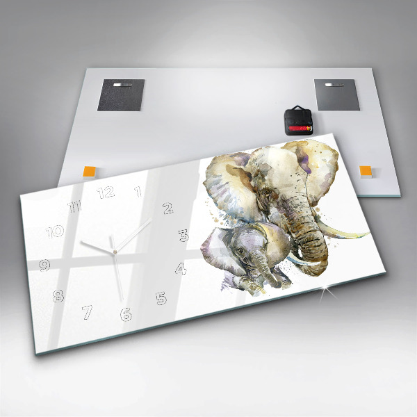 Glass wall clock rectangular Painted animals elephants