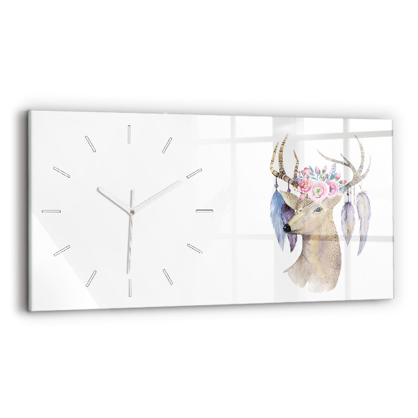 Glass wall clock rectangular Deer head and flowers