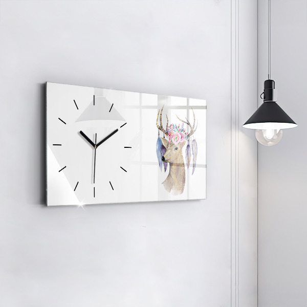 Glass wall clock rectangular Deer head and flowers