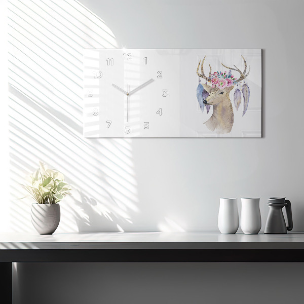 Glass wall clock rectangular Deer head and flowers