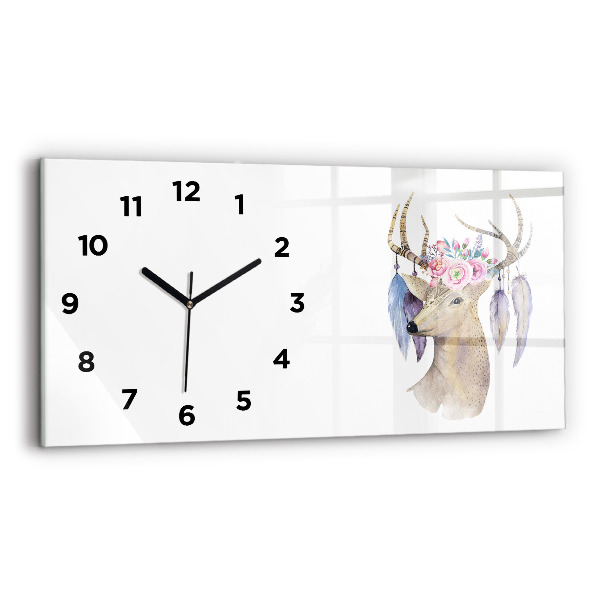 Glass wall clock rectangular Deer head and flowers