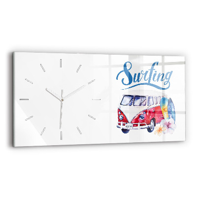 Glass wall clock rectangular Car and Surfing sign