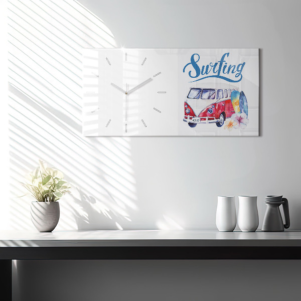 Glass wall clock rectangular Car and Surfing sign