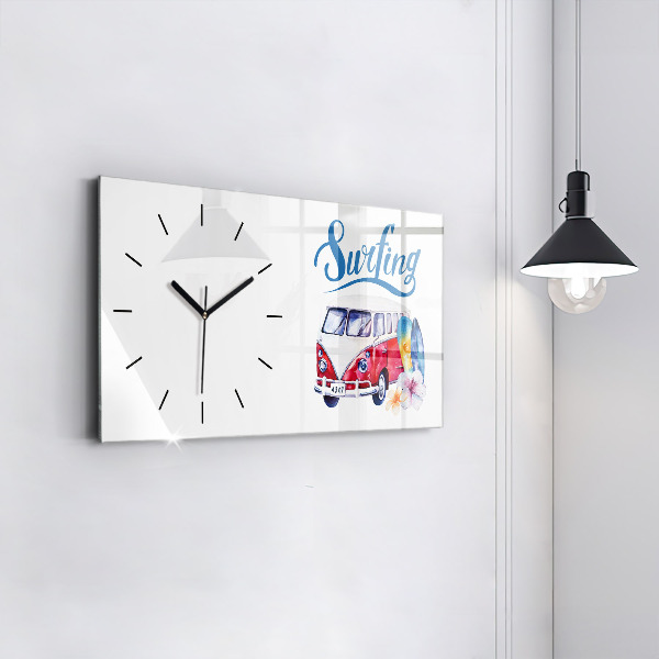 Glass wall clock rectangular Car and Surfing sign