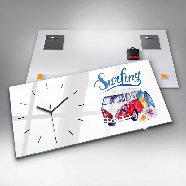 Glass wall clock rectangular Car and Surfing sign