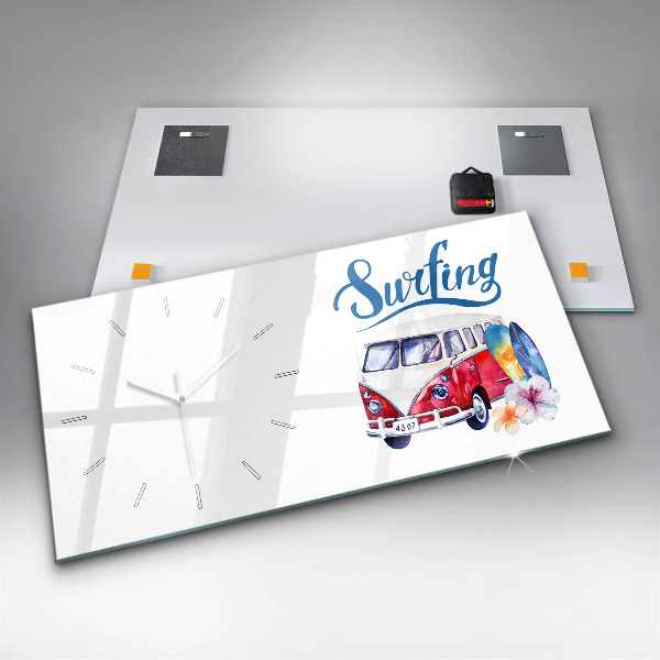 Glass wall clock rectangular Car and Surfing sign