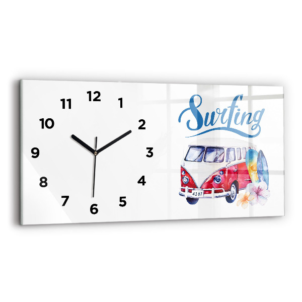 Glass wall clock rectangular Car and Surfing sign