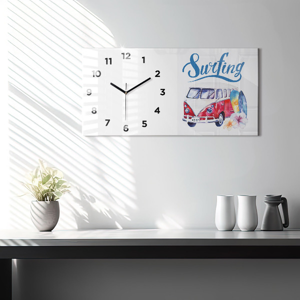Glass wall clock rectangular Car and Surfing sign