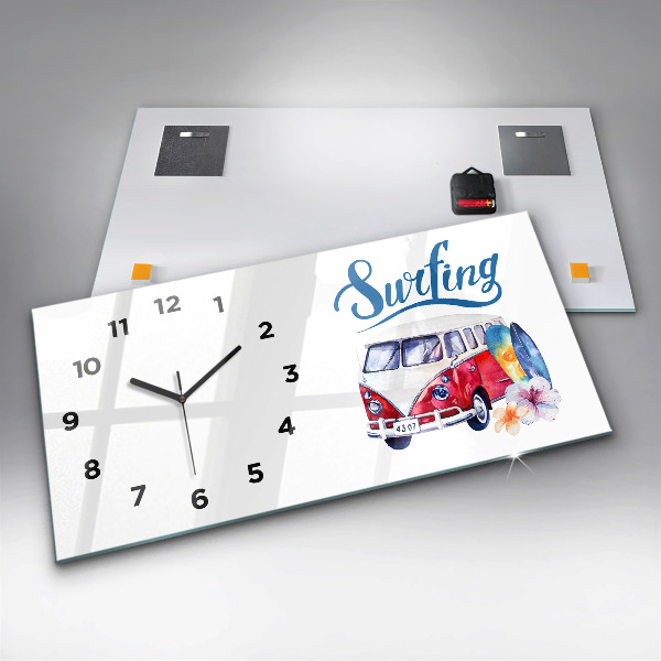 Glass wall clock rectangular Car and Surfing sign