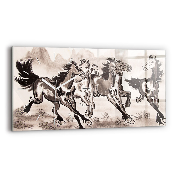 Glass wall clock rectangular Galloping horses