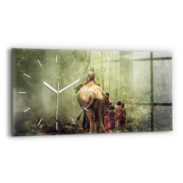 Glass wall clock rectangular Children leading an elephant