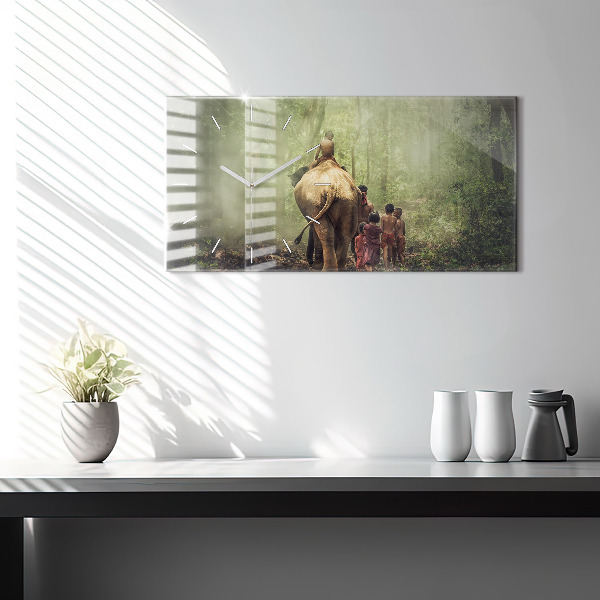 Glass wall clock rectangular Children leading an elephant