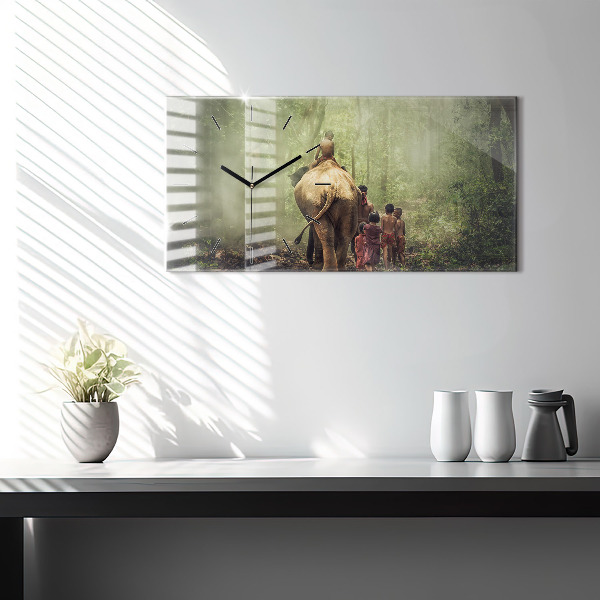 Glass wall clock rectangular Children leading an elephant