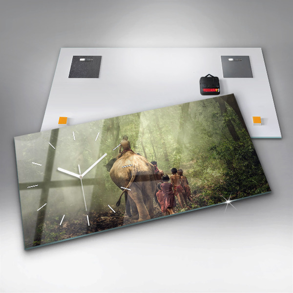 Glass wall clock rectangular Children leading an elephant