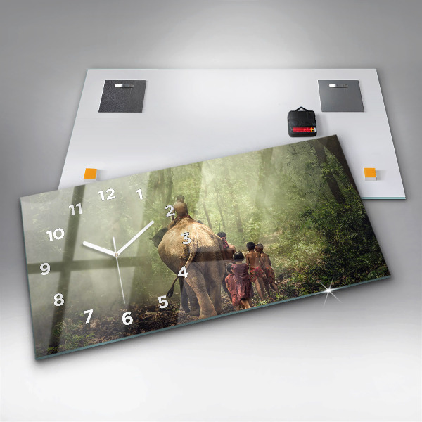 Glass wall clock rectangular Children leading an elephant