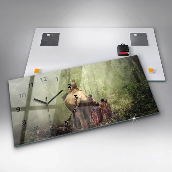 Glass wall clock rectangular Children leading an elephant