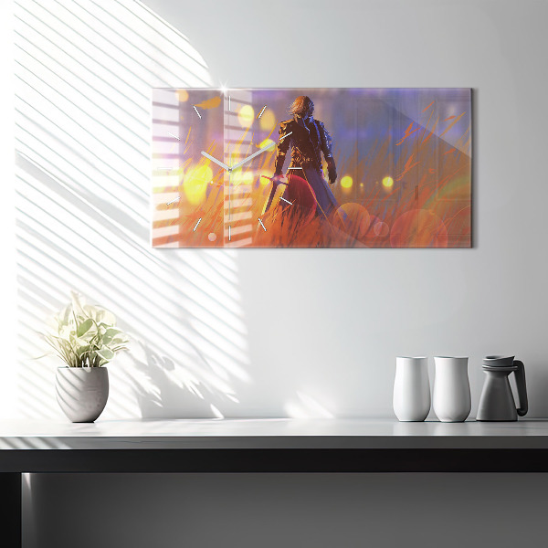 Glass wall clock rectangular Knight with a sword