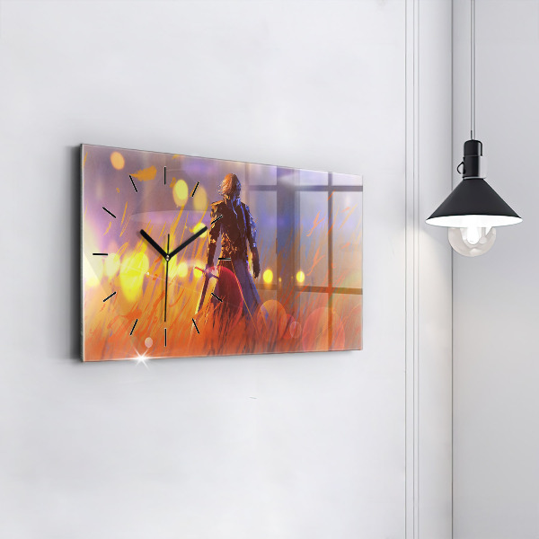 Glass wall clock rectangular Knight with a sword