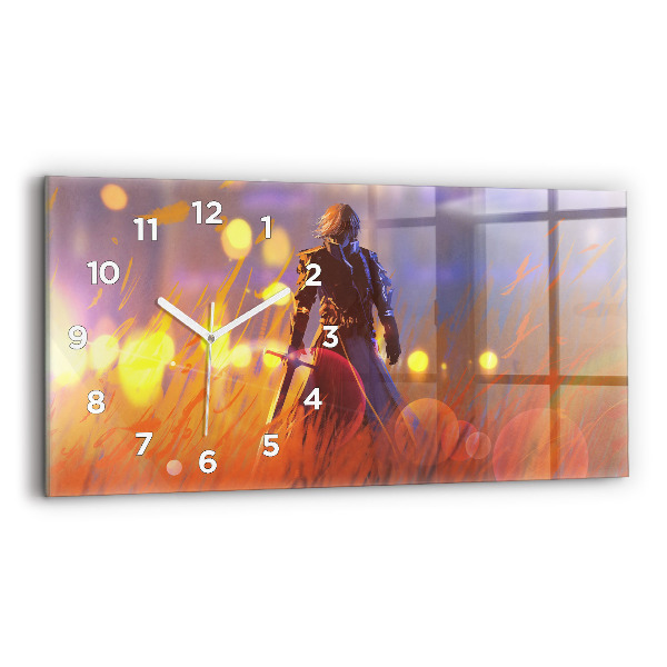 Glass wall clock rectangular Knight with a sword
